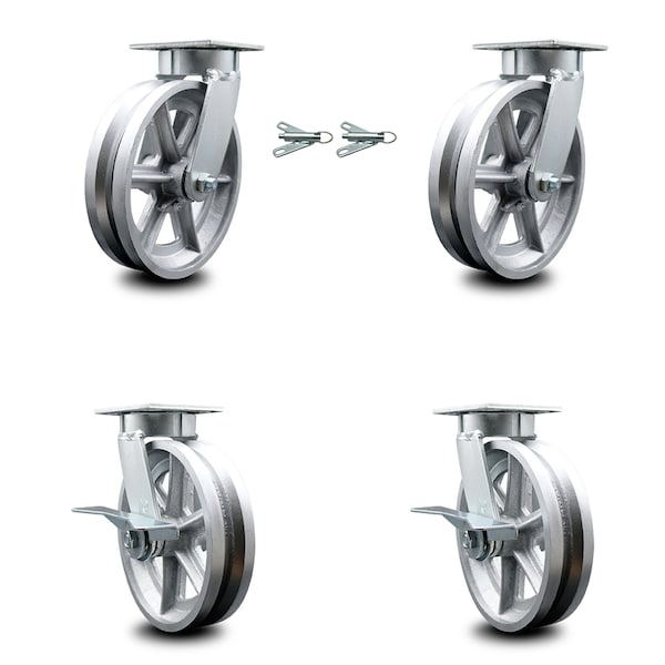 8 Inch Kingpinless V Groove Semi Steel Wheel Caster Swivel Locks 2 Brakes, 2PK
